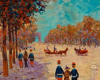 1376
John Morris
1920-1991
Soldiers escorting ladies in a French garden, 1914
Oil on canvas
Signed and dated lower right: John Morris / 1914; signed again, inscribed, and with a drawing, all on the frame's backing board
13.25" H x 10.25" W
Estimate: $600 - $800