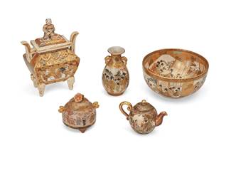 1158
20th century
A group of Japanese Satsuma pottery items
Most variously marked to underside
The diminutive earthenware items, each heavily gilt and enameled depicting figural scenes, comprising a four-legged lidded censer, a small bowl, a lidded teapot, a lidded trinket box, and a bud vase, 5 pieces
Bowl: 2.5" H x 5" Dia.; Teapot: 2.375" H x 3.5" W x 1.875" D; Censer: 5.75" H x 4.5" W x 2.5" D
Estimate: $500 - $700