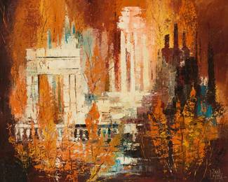 1387
Jack Laycox
1921-1984
"Ruins at La Turbie" (France), 1965
Oil on canvas
Signed lower right: Jack Laycox; signed again, titled, and dated on the stretcher: 1965
30" H x 36" W
Estimate: $500 - $700