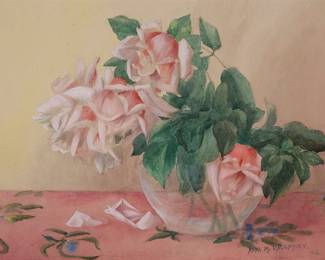 1285
Anna Maria Valentien
1862-1947
Pink roses in a vase, 1934
Watercolor on paper
Signed and dated lower right: Anna M. Valentien / 34
Sight: 11.25" H x 15" W
Estimate: $500 - $700