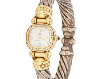 1054
David Yurman: Silver and 18K Gold Watch
Featuring a mother-of-pearl dial featuring Roman Numerals, encircled by round diamonds, set in an 18k gold mount, finished with a sterling silver twisted bangle design, signed David Yurman, Swiss Made
Inner circumference: 6 1/2 in.
70.9 grams gross
Estimate: $500 - $700