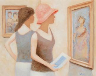 1342
Matthew Miles
b. 1924
"Two Women"
Oil on canvas
Signed lower right: Miles; titled on a label affixed to the frame's backing board
16" H x 20.25" W
Estimate: $300 - $500