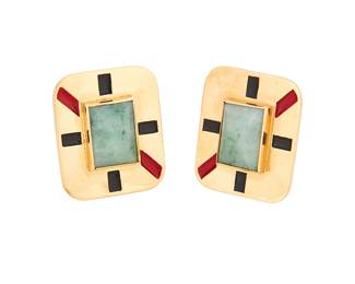 1021
A Pair of 14K Gold, Jade and Enamel Earrings
Centering a rectangular jade cabochon, accented by rays of black and red enamel, stamped HF
2 pieces
Measures: 1 1/8 x 1 in.
24.8 grams gross
Estimate: $600 - $800