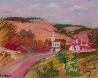 1266
Anders Aldrin
1889-1970
"Village Church," 1939
Pastel on paper
Signed lower left: Aldrin; titled in pencil, in another hand, on a tag affixed to the frame's hanging wire; dated by repute
Sight: 10.25" H x 13.25" W
Estimate: $300 - $500