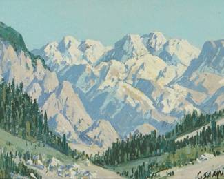 1247
Carl Sammons
1883-1968
"Snowcapped Peaks"
Oil on canvasboard
Signed lower right: C. Sammons; titled on a gallery label affixed verso
6" H x 8" W
Estimate: $400 - $600