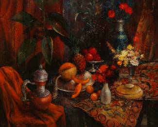 1287
Jennie Tomao
1934-2011
Still life with fruit and flowers
Oil on canvas
Signed lower right: Tomao
36" H x 46" W
Estimate: $200 - $300