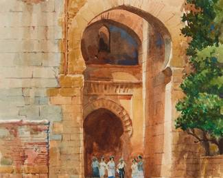 1386
James Kramer
b. 1927
"Gate to the Alhambra," 2003
Watercolor on paper
Signed twice in the lower corners: James Kramer; titled and dated on an artist's label affixed to the frame's backing board
Sight: 16" H x 12" W
Estimate: $500 - $700