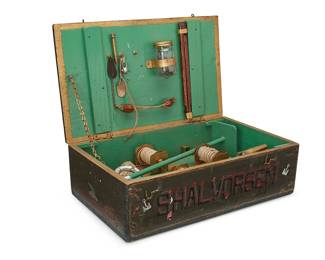 1178
20th century
A folk art diorama box
Front exterior possibly reading: SHALVDRSEN
The painted wood box with exterior depicting a beach at nighttime with figure to lid, the sides depicting figures, the interior mounted with miniature versions of nautical implements
6" H x 19" W x 11.5" D
Estimate: $400 - $600