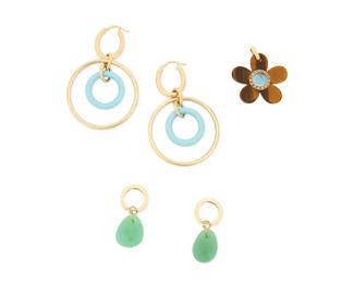 1051
A Group of 18K Gold and Hardstone Jewelry
Including a gold, carved flower tiger's eye and topaz pendant, a pair of gold and chrysoprase earrings and a pair of gold and blue enamel earrings
5 pieces
Pendant: 1 1/2 x 1 1/4in., Earrings: 1 1/2 in., and 2 1/2 in.
28.4 grams gross
Estimate: $800 - $1,200