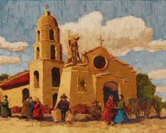 1272
20th Century Southwestern School
Figures near St. Thomas Yuma Indian Mission, Winterhaven, CA
Oil on panel
Unsigned
16" H x 22.25" W
Estimate: $200 - $300