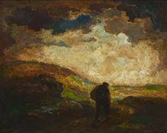 1230
Eugene Higgins
1874-1958
Man trudging through the countryside
Oil on canvas laid to waxed canvas
Signed lower left: Eugene Higgins
16" H x 20" W
Estimate: $500 - $700