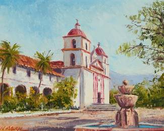 1270
Ben Abril
1923-1995
"Mission Santa Barbara"
Oil on canvas
Signed lower left: Ben Abril; titled and inscribed "Founded 1786" on the stretcher
9" H x 12" W
Estimate: $500 - $700