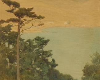 1202
Sydney Janis Yard
1855-1909
'Tomales Bay - Evening'
Watercolor with traces of graphite on paper
Signed lower left: Sydney J. Yard; titled and numbered "no. 655" in pencil, verso
Sight: 13.5" H x 11.5" W
Estimate: $500 - $700