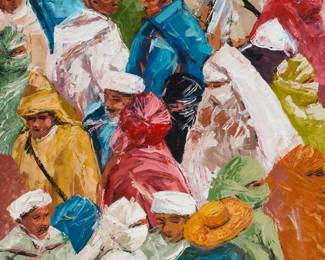 1354
Ait Mahdi
20th century
Crowd gathering
Oil on canvas
Signed lower left: Ait Mahdi
59" H x 28" W
Estimate: $200 - $300