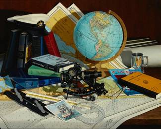 1279
Ralph Anderson
1929-2010
"The Navigator," 1977
Oil on canvas
Signed and dated lower center, in the map: Ralph Anderson / 1977; initialed and with the artist's copyright stamp in ink, verso: R.C.A.; titled on the frame plaque
10" H x 14" W
Estimate: $1,000 - $1,500