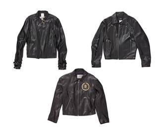 1092
Versace: A Group of Vintage Men's Black Leather Jackets
Circa 1980s-1990s
Each variously labeled for maker, size, and material
Three works:
A Gianni Versace black leather moto jacket with triple strap details at collar, sides and sleeves, made in Italy
Size: 54, chest: 21 in.; sleeves: 29 in.; length: 23.5 in.
A Gianni Versace moto jacket with extra-long sleeve zips and customized added US Army insignia patch to side front, made in Italy
No size tag; chest: 22.5 in.; sleeves: 26 in.; length: 23.25 in.
A Versus Versace black leather moto style jacket with multiple zippers featuring removable zippered sleeves, made in Italy
Size: 52/38, chest: 22 in.; sleeves: 27 in.; length: 23 in.
3 pieces
Estimate: $150 - $200