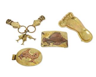1123
A Group of Mixed Metal Jewelry Including Hubert Harmon
Hubert Harmon (1913-2004)
Circa 1942-1948; Mexico City, Mexico
Four works comprising a large Hubert Harmon "barefoot" brass belt buckle, as well as two further brass and copper fish motif buckles, with gem set eyes, and a two-piece Maya "snake heads" gem-set brass buckle with fish dangles
5 pieces
Largest: 3 3/8 in. x 5 5/8 in.; smallest: 2 5/8 in. x 4 in.; double buckle: 3 in. x 7 in.
257.4 grams gross
Estimate: $200 - $400