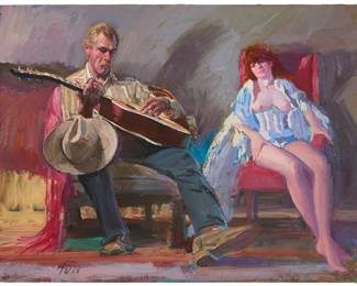 1296
Donald "Putt" Putman
1926-2007
Cowboy with guitar and a seated figure
Oil on board
Signed lower left: Putt
14" H x 18" W
Estimate: $300 - $500
