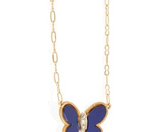 1048
Hammerman Brothers: A 14K Gold and Lapis Lazuli Butterfly Necklace, 1971
Of a butterfly design featuring lapis lazuli wings, centering three round diamonds, signed HB
Length: 15 in.
4.0 grams gross
Estimate: $800 - $1,200