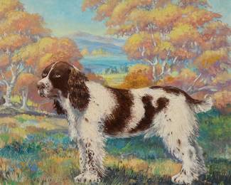 1364
Attributed to Arthur Hill Gilbert
1894-1970
English Springer Spaniel
Oil on canvas
Bears signature on the upper portion of the stretcher: Arthur Hill Gilbert; indistinctly inscribed lower right: Je**e
24" H x 26" W
Estimate: $200 - $300