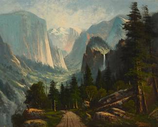 1249
John Englehart
1867-1915
Yosemite Valley view
Oil on canvas laid to waxed canvas
Signed lower right: J. Englehart
16" H x 20" W
Estimate: $400 - $600