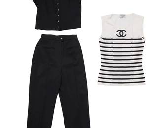 1087
CHANEL: A Group of Vintage Separates
Circa 1990s, France
Each variously labeled: Chanel / Made in France / 95P / 97P
Three works:
A 1995 Printemps black fine wool twill short sleeved buttoned crop shirt jacket, with black resin CC buttons, and a full silk lining
Size 36; bust: 16.5 in.; waist: 15 in.; sleeves: 7 in.; length: 17 in.
A pair of 1997 Printemps high-waisted tapered black wool twill pants with two front welt pockets and two back patch pockets, fully lined in CC logo black silk
Size 34; waist: 11.5 in.; hips: 17 in.; inseam: 27 in.
A CC white cotton sleeveless t-shirt with black stripes
No size label; bust: 15 in.; length: 22 in.
3 pieces total
Estimate: $200 - $400