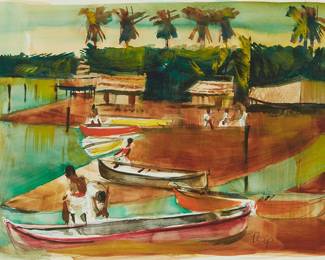 1210
Phil Paradise
1905-1997
"Days End, San Blas - Los Pescaderos" (Panama), 1965
Watercolor on paper
Signed in pencil lower right: Phil P.; titled and dated on a label affixed to the frame's backing paper
Image/Sight: 8.25" H x 10.75" W
Estimate: $800 - $1,200