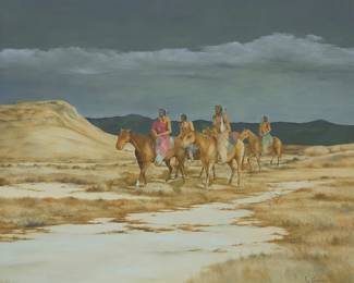 1274
Patrick Wayne Gorman
1929-2017
"Night Riders"
Oil on Masonite
Signed lower right: P.W. Gorman; signed again and titled, verso
20" H x 24" W
Estimate: $400 - $600