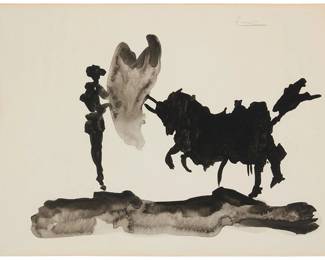 1405
In the Manner of Pablo Picasso
1881-1973
Bullfighter
Ink and wash on off-white paper
Bears pencil signature near the upper right corner: Picasso
Image: 15" H x 22" W (approx.); Sight: 18.75" H x 24.5" W
Estimate: $300 - $500