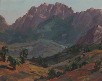 1241
Paul Lauritz
1889-1975
Sierra landscape
Oil on canvasboard
Signed lower left: Paul Lauritz
16" H x 20" W
Estimate: $800 - $1,200