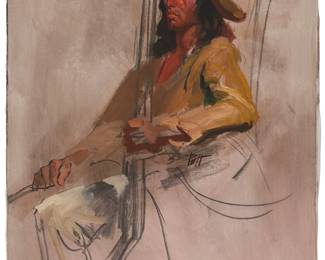 1297
Donald "Putt" Putman
1926-2007
Seated man with rifle
Oil on canvas
Signed to the right of center: Putt
30" H x 24" W
Estimate: $300 - $500