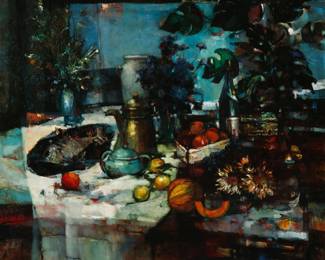 1286
Jennie Tomao
1934-2011
Tabletop still life
Oil on Masonite
Signed lower right: Tomao
42" H x 48" W
Estimate: $600 - $800