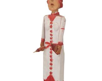 1181
Carl McKenzie
1905-1998
Nurse, 1988
Carved linden wood, metal, paint, and graphite, articulated
Inked signature and date to underside: Carl McKenzie; Marked in pencil to hat: Joan
Dimensions variable: 19" H x 4.25" W x 5" D
Estimate: $200 - $400