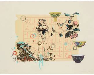 1401
Hung Liu
1948-2021
"Children at Work: Boy with Pots," 2000
Lithograph in colors with collage on wove paper
Edition: 81/85
Signed, dated, and numbered in pencil in the lower margin: Hung Liu; Sarah Dudley, prntr.; Tamarind Institute, Albuquerque, NM, pub.
Image: 18" H x 23.5" W (irreg.); Sheet: 22" H x 30.25" W
Estimate: $400 - $600