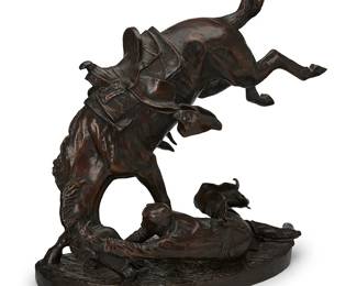 1186
After Frederic Remington
1861-1909
"The Wicked Pony," modeled 1898
Patinated bronze
Edition: 88/250
Signed and numbered in the casting: Frederic Remington / R; further marked: Copyright by Frederic Remington
23.5" H x 22" W x 9.5" D
Estimate: $400 - $600