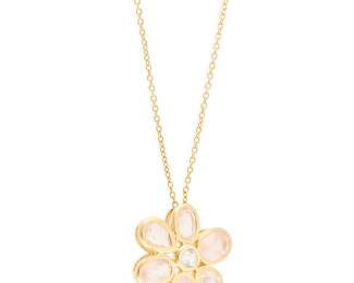1008
Gumps: A 14K Gold and Rose Quartz Necklace
Of a flower design featuring oval rose-quartz petals centering a round diamond, signed Gumps with signed box
Length: 18 in,
5.5 grams gross
Estimate: $800 - $1,000