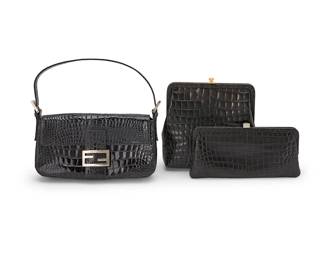 1091
A Group of Vintage Designer Handbags
Circa 1980s-1990s
Three works:
A Gianni Versace black crocodile tall frame top clutch with Medusa gold-toned clasp and smooth leather lining, with dust bag
Label: Gianni Versace / Made in Italy
8 x 8 x 2 in.
A Lambertson Truex black crocodile narrow frame top clutch with chunky monogram clasp with tan suede lining and interior zip pocket
Marked to interior: Lambertson Truex / Genuine Crocodile
5 x 10 x 1 in.
A Fendi black crocodile narrow flap-top shoulder bag with FF branded magnetic closure, silver-toned branded hardware, two-buckle adjustable short strap and silver sateen lining with one zip pocket
Marked to interior plaque: Fendi / Made in Italy; serial number: 83157170991
5.5 x 10.5 x 1.5 in. drop: 6 in.
3 pieces total
Estimate: $200 - $300
