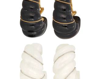 1024
Two Pairs of 14K Gold and Hardstone Earrings
Of a half hoop style design featuring carved onyx and white quartz
4 pieces
Measures: 1 3/5 x 1/2 in.
67.9 grams gross
Estimate: $800 - $1,200