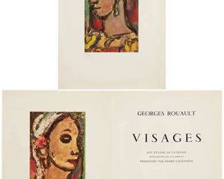 1411
After Georges Rouault
1871-1958
"Visages," 1969
10 offset lithographs in colors on cream wove paper
Edition: 142/450 (there were also 50 hors commerce numbered in Roman numerals I-L)
Unsigned, as issued; each of the images numbered in pencil in the lower margin; sold together with the title, numbered colophon, list of plates, text, and individual folders for each image, all on the same paper, loose, and housed in the original beige fabric-covered portfolio with titles printed in red; Editions L'Etoile Filante and Daniel Jacomet, Paris, France, prntr.; Boston Book and Art Shop, Boston, MA , pub.
Image of each: 12" H x 9" W (or smaller); Sheet of each: 18" H x 13.25" W
Estimate: $250 - $350