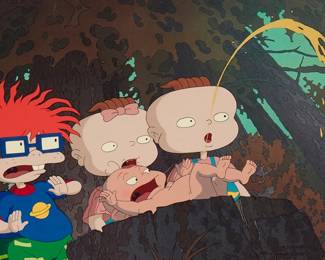 1460
A Nickelodeon Animation Studios animation cel from "The Rugrats Movie," 1998
Chuckie, Phil, Lil, and Dil from the "Rugrats"
Gouache on celluloid
Appears unsigned; Paramount Pictures copyright lower right
Sight: 11.25" H x 15.5" W
Estimate: $100 - $200