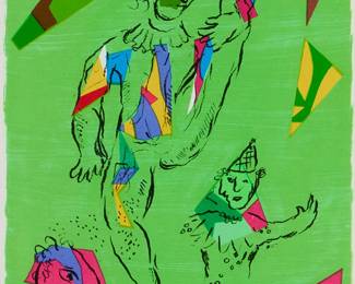 1407
Marc Chagall
1887-1985
"L'Acrobate Vert," cover to "Derrière le Miroir," 1979
Lithograph in colors on white wove paper, without watermark
Presumably from the edition of 20,000
Signed in the stone lower right: Marc Chagall; with the printed title in the upper margin, at left
Image: 12.25" H x 8.75" W; Sheet: 15" H x 11" W (irreg.)
Estimate: $500 - $700