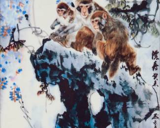1173
20th century
A Chinese transfer-printed porcelain plaque
With Chinese inscription along right edge
Depicting monkeys in a snowy landscape
Sight: 11.875" H x 7.875" W
Estimate: $50 - $100