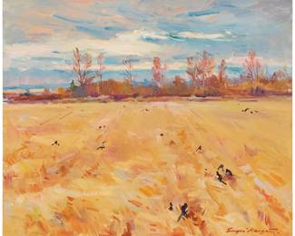 1361
Sergei Bongart
1918-1985
Field with birds
Oil on canvas
Signed lower right: Sergei Bongart; inscribed in Russian on the stretcher
30" H x 36" W
Estimate: $400 - $600