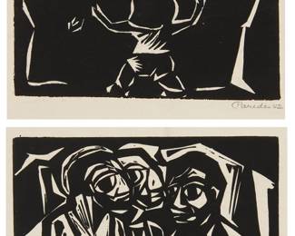 1394
Mariano Paredes
1912-1980
Two works: Figures, 1942
Each: Lithograph on paper
Each: Signed and dated in pencil in the lower margin, at right: Paredes 42
Image of each: 4" H x 4.75" W; Sheet of each: 6.25" H x 7" W
Estimate: $300 - $500