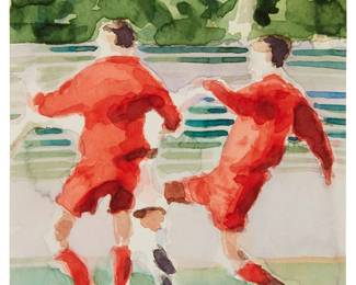 1308
Tom Fabritius
b. 1972
Soccer players
Watercolor on paper
Unsigned
Image/Sheet: 4.75" H x 4.75" W
Estimate: $300 - $500