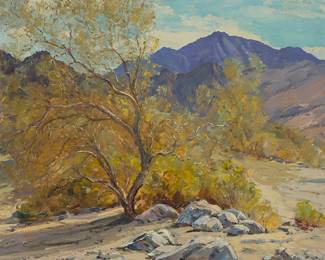 1261
William Darling
1882-1963
"Canyon Wash"
Oil on canvas laid to board
With the incised signature lower left: W. Darling; signed again and titled in pencil on a label affixed verso
20" H x 24" W
Estimate: $500 - $700