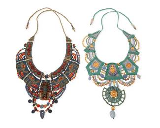 1097
Barbara Natoli Witt: Two Cavandoli Macramé and Bead Necklaces
Each signed and dated to ceramic bead
Two works:
A "Trade Routes" necklace (one of a series) in blues and reds with central ancient Bactrian bronze figure and Bactrian camel motifs, with Afghan and Persian beads of lapis lazuli, carnelian, and azurmalachite, and contemporary garnet, and 14k gold beads, circa 1991
33 in. L x 5 in. H
A green and blue garden/floral themed necklace with blue chalcedony, glass, amethyst, and turquoise beads with gold beads and 21k and 22k gold foil bees and floral accents and a large ancient bronze verdigris pendant, circa 2005
31 in. L x 6.25 in. H
2 pieces total
175.0 grams gross
Estimate: $700 - $900