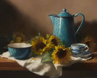 1291
Deborah Bays
b.1952
"Sunflowers with Enamel Coffee Pot"
Pastel on paper
Signed lower right: Deborah Bays; titled on a label affixed to the frame's backing paper
Sight: 17.5" H x 23.5" W
Estimate: $500 - $700