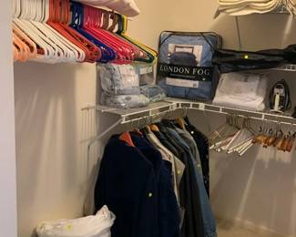 Leather jackets, sweaters, pillows, hangers