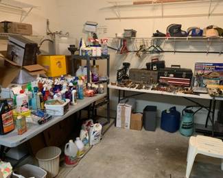 Cleaning supplies, tool boxes, hats, etc